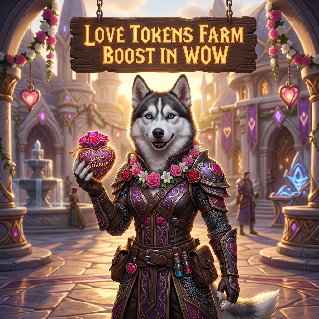 Promotional image for the Love Tokens Farm Boost service in World of Warcraft, focused on farming Love Tokens.