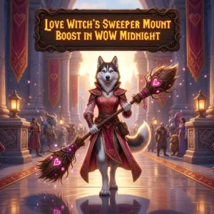 Promotional image for the Love Witch’s Sweeper Mount Boost service in WoW Midnight.