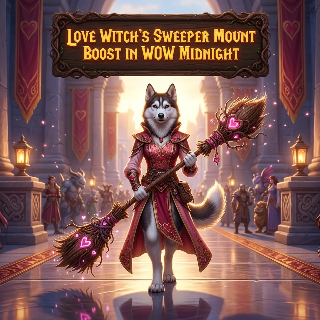 Promotional image for the Love Witch’s Sweeper Mount Boost service in WoW Midnight.