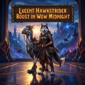 Promotional image for the Lucent Hawkstrider Boost service in WoW Midnight, clearly identifying the featured product theme.