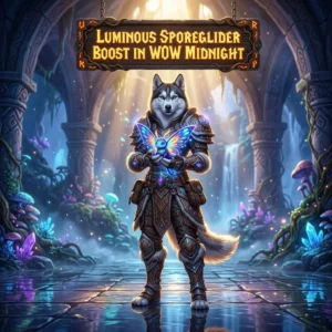 Promotional image for the Luminous Sporeglider Boost service in WoW Midnight.