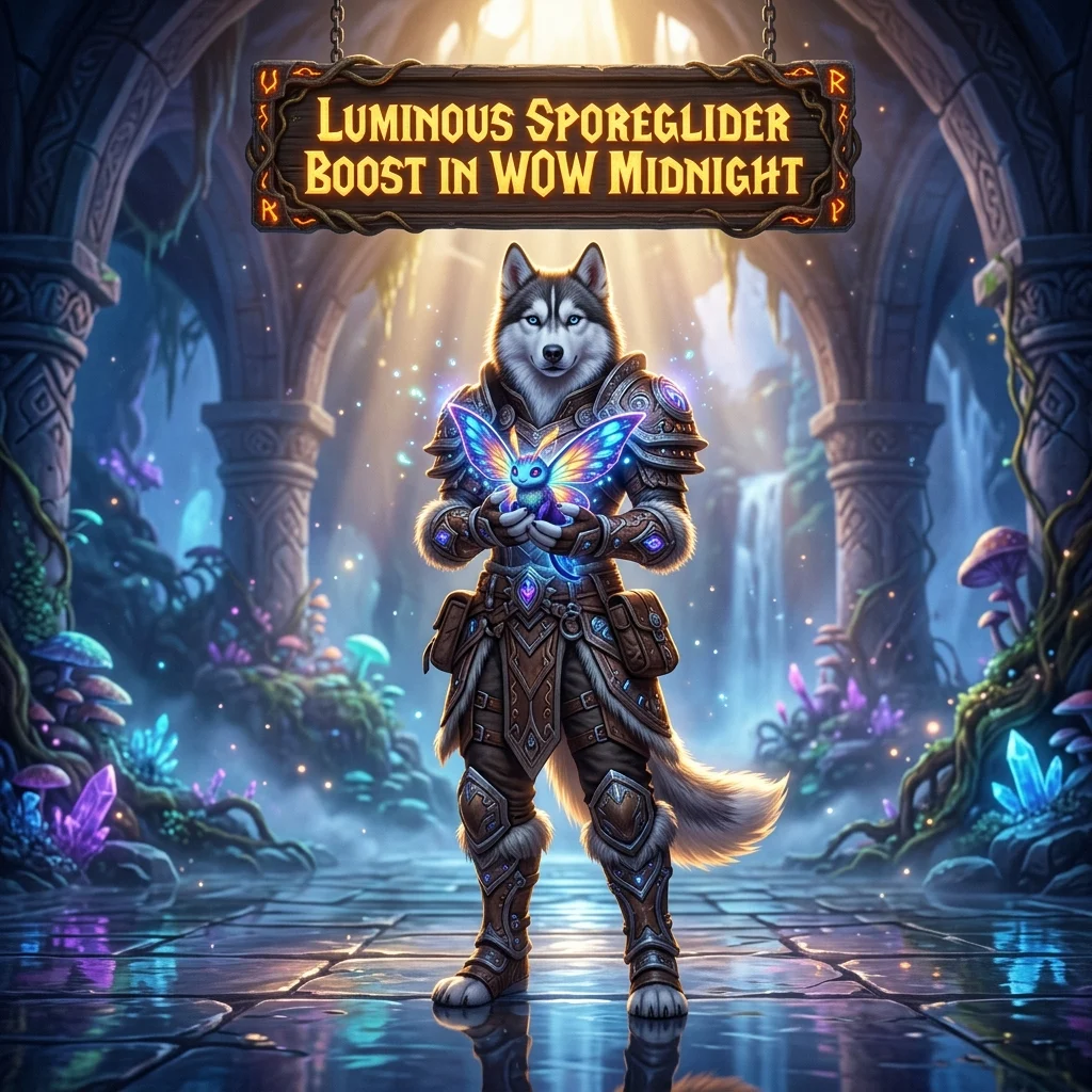 Promotional image for the Luminous Sporeglider Boost service in WoW Midnight.