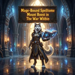 Promotional image for the Mage-Bound Spelltome Mount Boost service in The War Within.