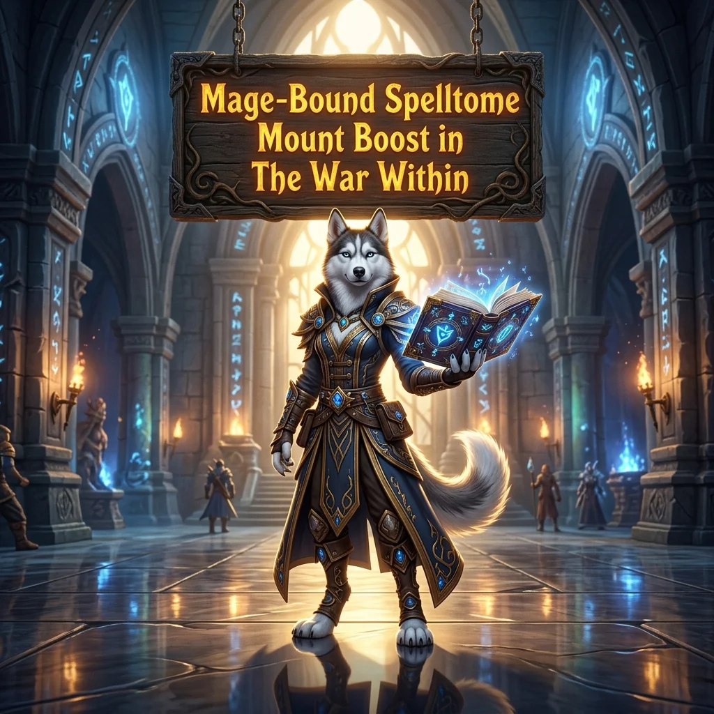 Promotional image for the Mage-Bound Spelltome Mount Boost service in The War Within.