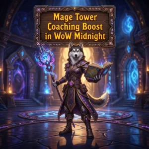 Promotional image for Mage Tower Coaching Boost in WoW Midnight, a coaching service focused on the Mage Tower experience.