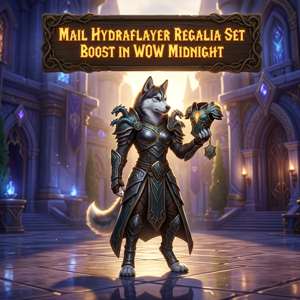Promotional image for the Mail Hydraflayer Regalia Set Boost service in WoW Midnight.