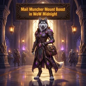 Promotional image for the Mail Muncher Mount Boost service in WoW Midnight