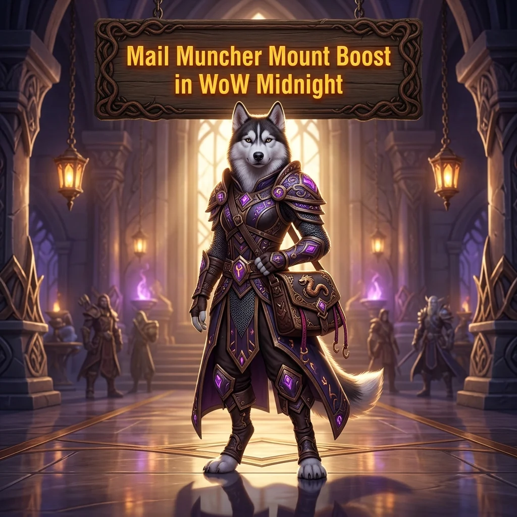 Promotional image for the Mail Muncher Mount Boost service in WoW Midnight