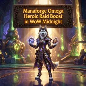 Promotional image for the Manaforge Omega Heroic Raid Boost service in WoW Midnight, representing a Heroic raid boosting offer.
