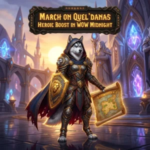 Promotional image for the March on Quel’Danas Heroic Boost service in WoW Midnight.