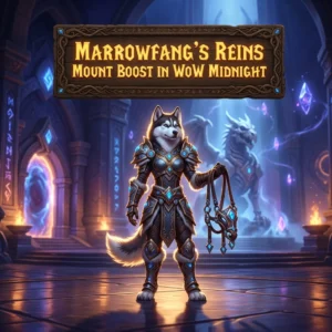 Promotional image for the Marrowfang’s Reins Mount Boost service in World of Warcraft: Midnight.