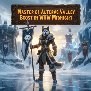 Promotional image for the Master of Alterac Valley Boost service in WoW Midnight.