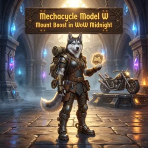 Promotional image for the Mechacycle Model W Mount Boost service in WoW Midnight.