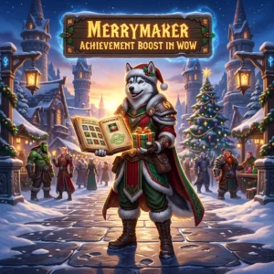 Promotional image for the Merrymaker Achievement Boost in WoW service, focused on the Merrymaker achievement in World of Warcraft.