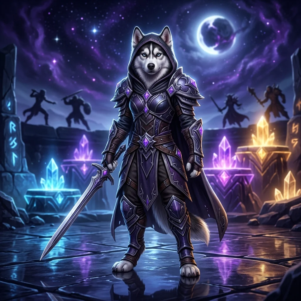 Fantāzijas cīņas ainas ilustrācija, kas attēlo World of Warcraft Midnight 2. sezonas Solo Shuffle līmeņu saraksta tēmu.