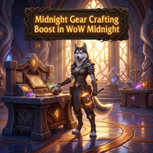 Promotional image for the Midnight Gear Crafting Boost service in World of Warcraft: Midnight