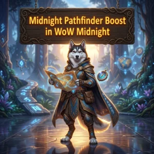 Promotional image for the Midnight Pathfinder Boost service in World of Warcraft: Midnight