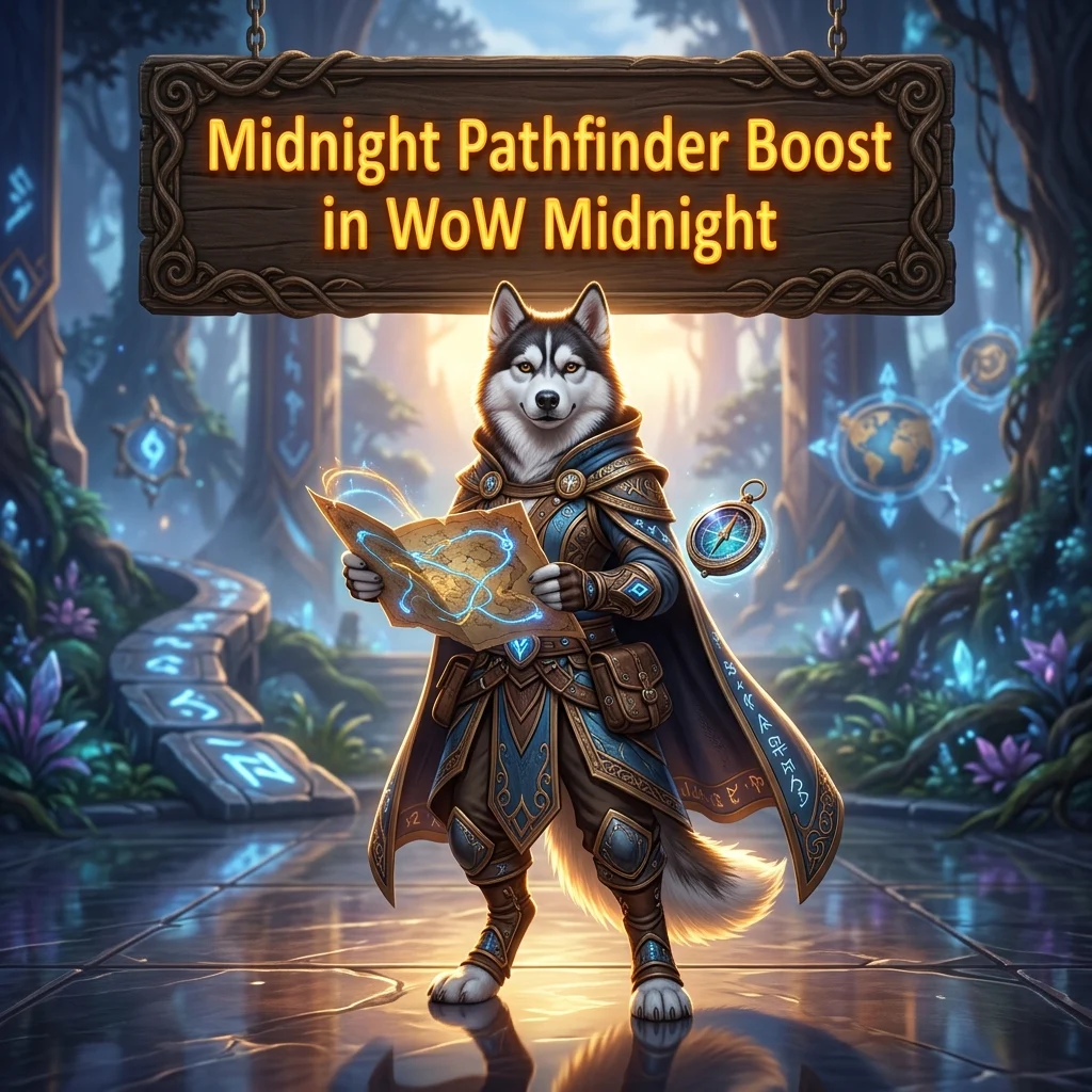 Promotional image for the Midnight Pathfinder Boost service in World of Warcraft: Midnight