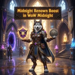 Promotional image for Midnight Renown Boost in WoW Midnight, a service focused on increasing renown in the game
