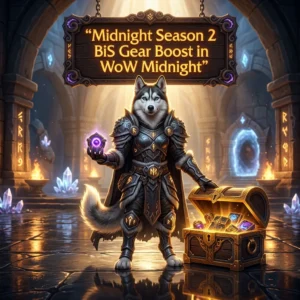 Promotional image for the Midnight Season 2 BiS Gear Boost service in World of Warcraft: Midnight.
