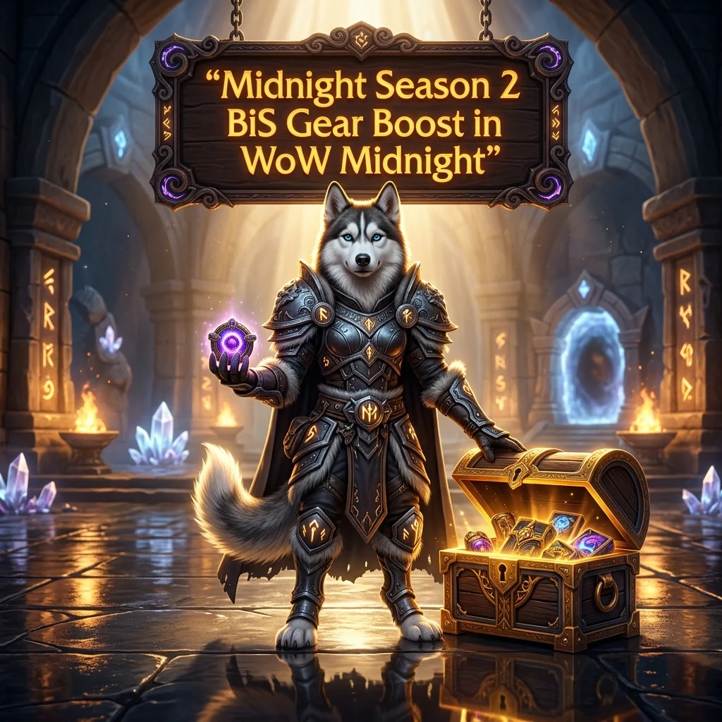 Promotional image for the Midnight Season 2 BiS Gear Boost service in World of Warcraft: Midnight.
