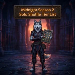 Square promotional image for the Midnight Season 2 Solo Shuffle Tier List in World of Warcraft, representing the tier list resource.