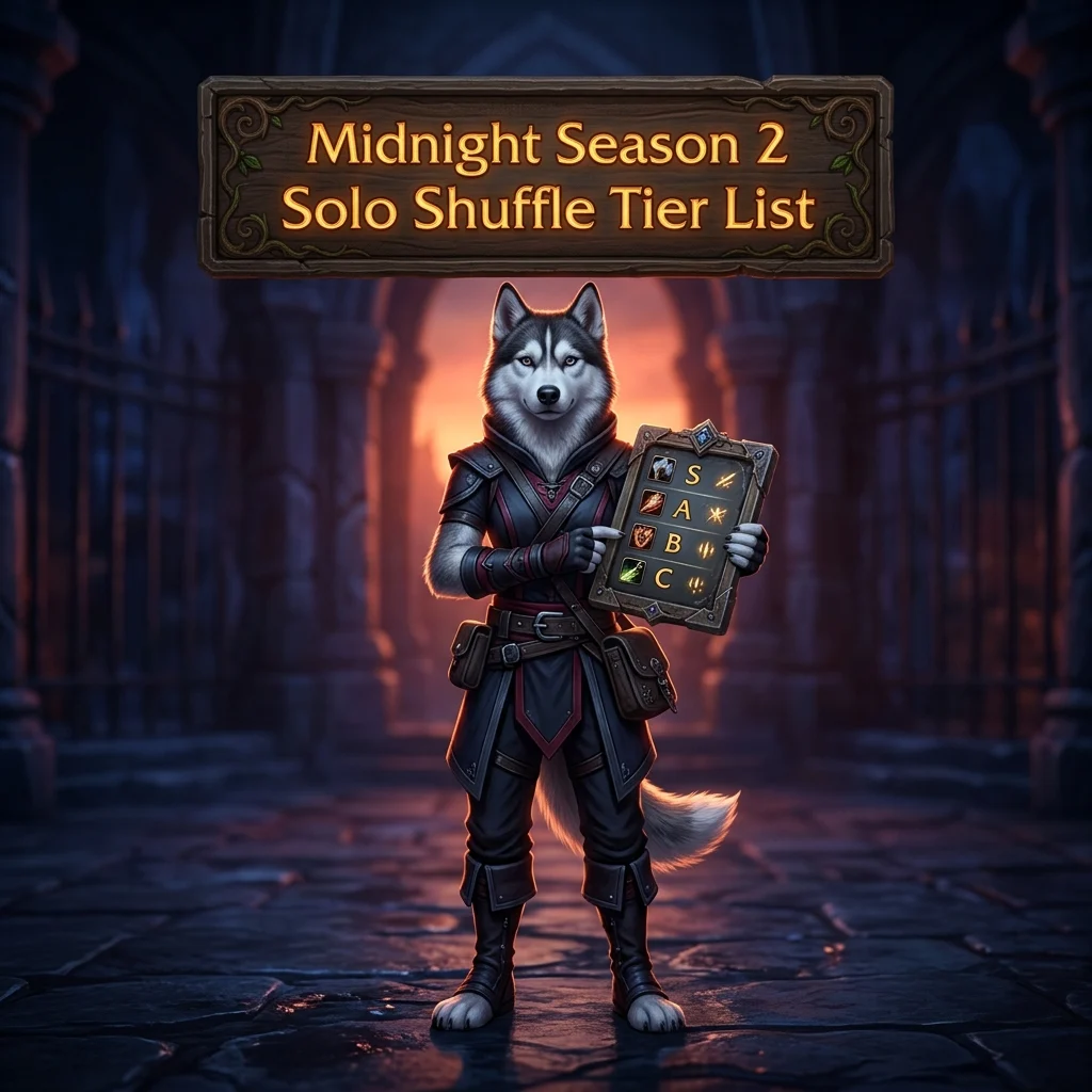 Square promotional image for the Midnight Season 2 Solo Shuffle Tier List in World of Warcraft, representing the tier list resource.