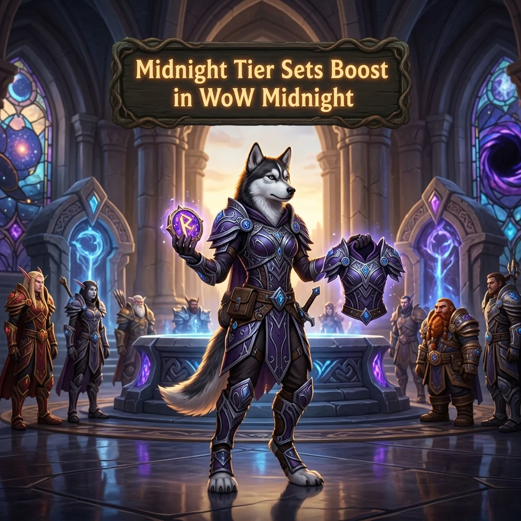Promotional image for Midnight Tier Sets Boost in WoW Midnight, a service focused on tier set progression