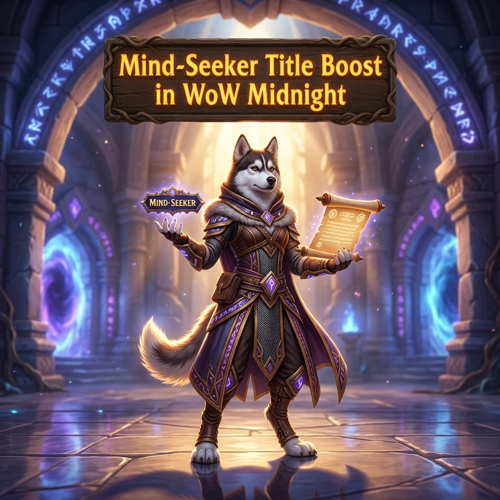 Promotional image representing the Mind-Seeker Title Boost in WoW Midnight service.