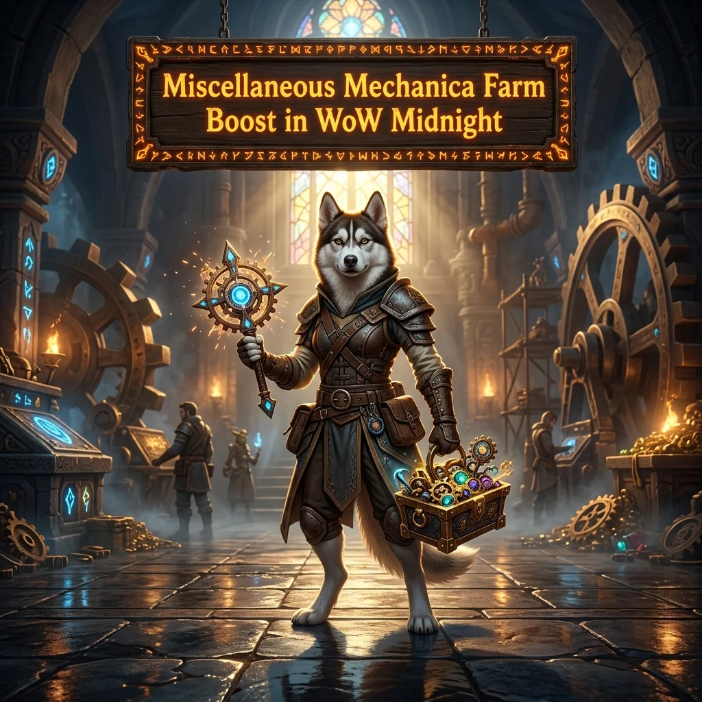Promotional image for the Miscellaneous Mechanica Farm Boost service in WoW Midnight.