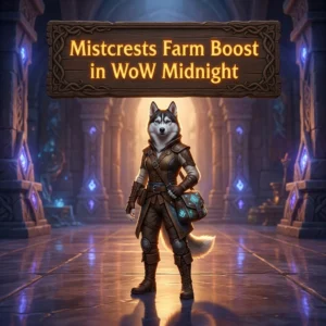 Promotional image for the Mistcrests Farm Boost service in World of Warcraft: Midnight
