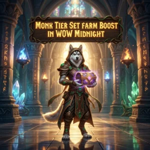 Promotional image for Monk Tier Set Farm Boost in WoW Midnight, focused on the Monk tier set farm service.