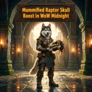 Promotional image for the Mummified Raptor Skull Boost service in WoW Midnight