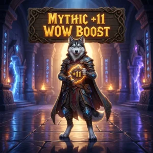 Promotional image for a Mythic +11 WoW Boost service in World of Warcraft
