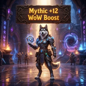 Promotional image for a World of Warcraft Mythic +12 WoW Boost service.