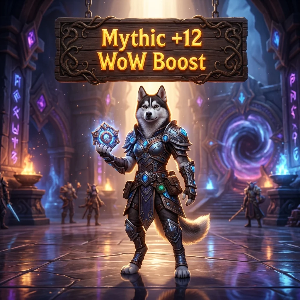 Promotional image for a World of Warcraft Mythic +12 WoW Boost service.