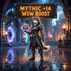Promotional image for Mythic +14 WoW Boost, a World of Warcraft Mythic +14 boosting service.