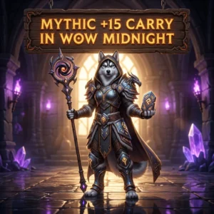 Promotional image for Mythic +15 Carry Boost in WoW Midnight, highlighting the service for players looking for a Mythic +15 dungeon carry boost.