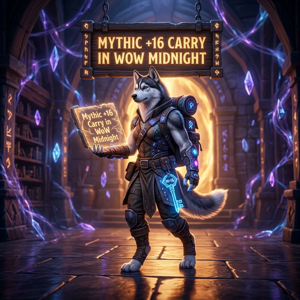 Promotional image for Mythic +16 Carry Boost in WoW Midnight, highlighting the service for completing a Mythic +16 boost in the game.
