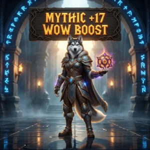 Promotional image for a Mythic +17 WoW Boost service in World of Warcraft