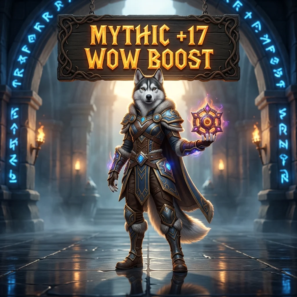 Promotional image for a Mythic +17 WoW Boost service in World of Warcraft
