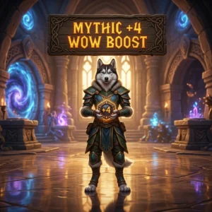 Promotional image representing a Mythic +4 WoW Boost service for World of Warcraft players.