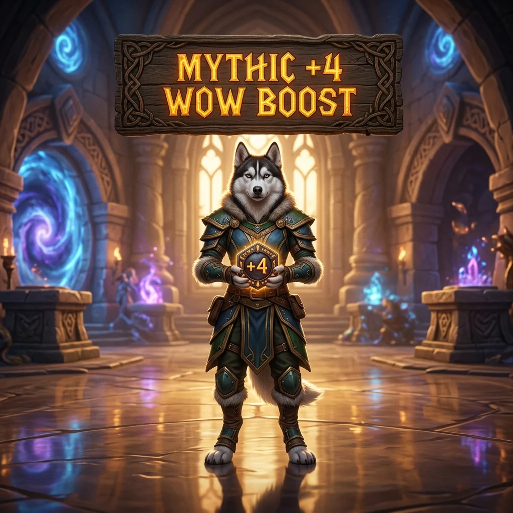 Promotional image representing a Mythic +4 WoW Boost service for World of Warcraft players.