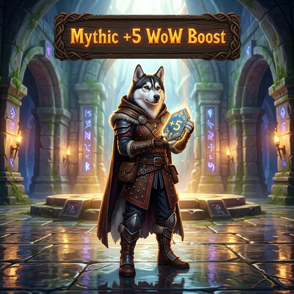Promotional image representing the Mythic +5 WoW Boost service in a WoW product listing