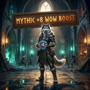 Promotional image for the Mythic +8 WoW Boost service in World of Warcraft