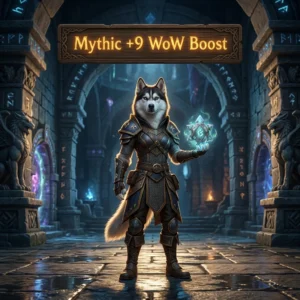 Promotional image for the Mythic +9 WoW Boost service in World of Warcraft.