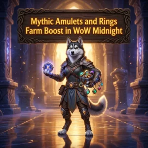 Promotional image for the Mythic Amulets and Rings Farm Boost in WoW Midnight service