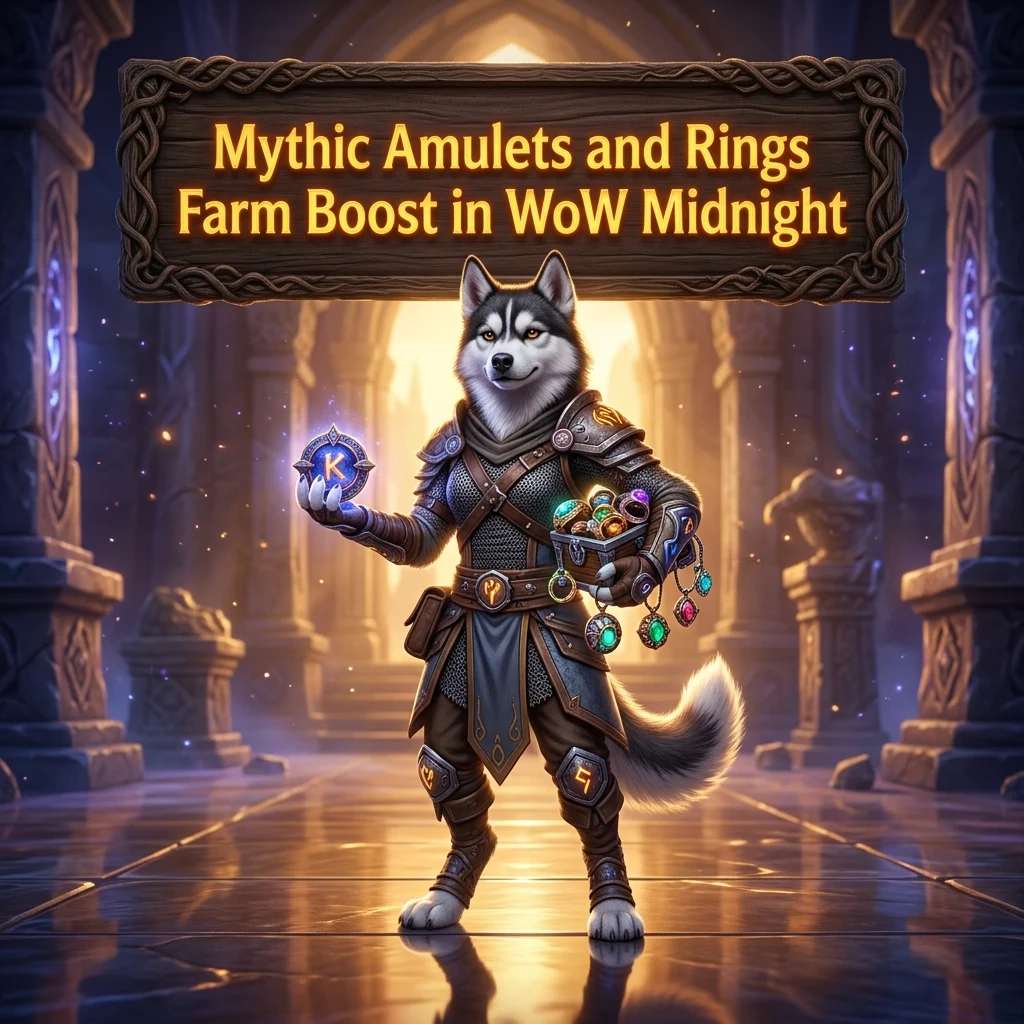 Promotional image for the Mythic Amulets and Rings Farm Boost in WoW Midnight service