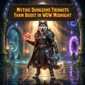 Promotional image for Mythic Dungeons Trinkets Farm Boost in WoW Midnight, a service focused on farming trinkets through Mythic Dungeons.