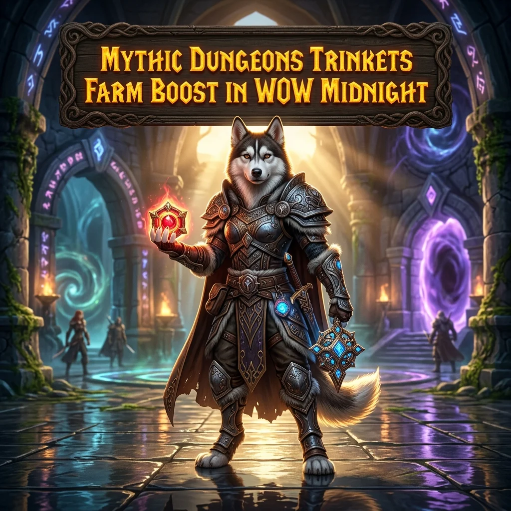 Promotional image for Mythic Dungeons Trinkets Farm Boost in WoW Midnight, a service focused on farming trinkets through Mythic Dungeons.